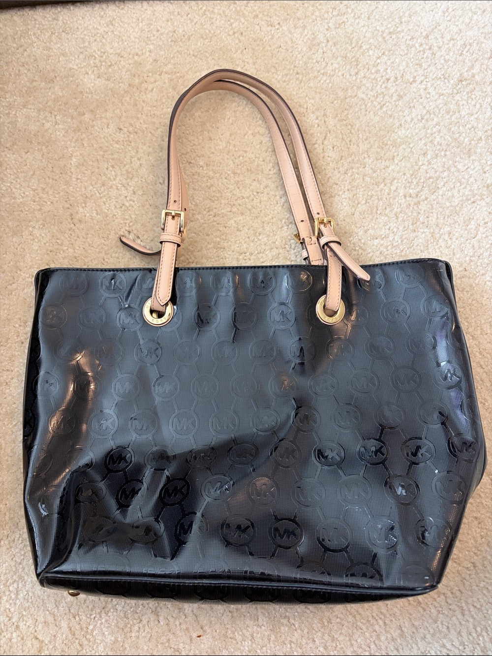 Michael Kors Black Patent Tote with Tan Straps